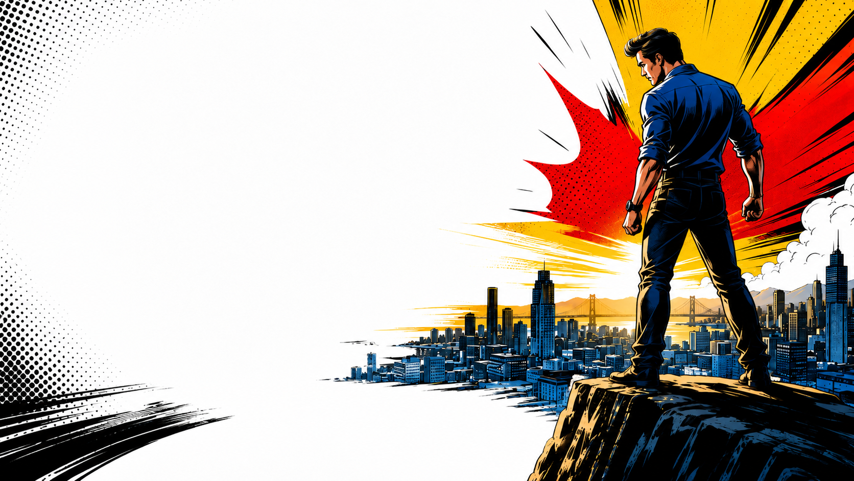 Solo founder overlooking a city skyline with comic-style energy bursts